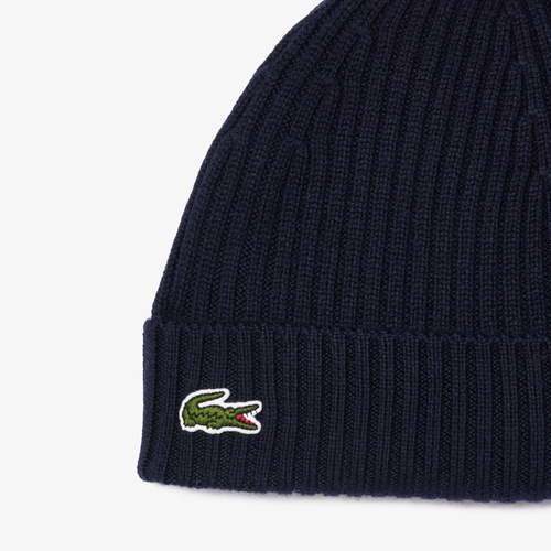 Lacoste Ribbed Wool Beanie Navy Winter Hat - RB0001-166