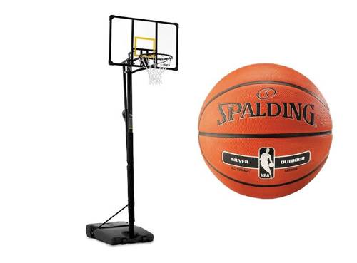 Zestaw kosz do koszykówki regulowany 230-305 cm mobilny + Piłka do koszykówki Spalding NBA Silver Outdoor na zewnątrz orliki